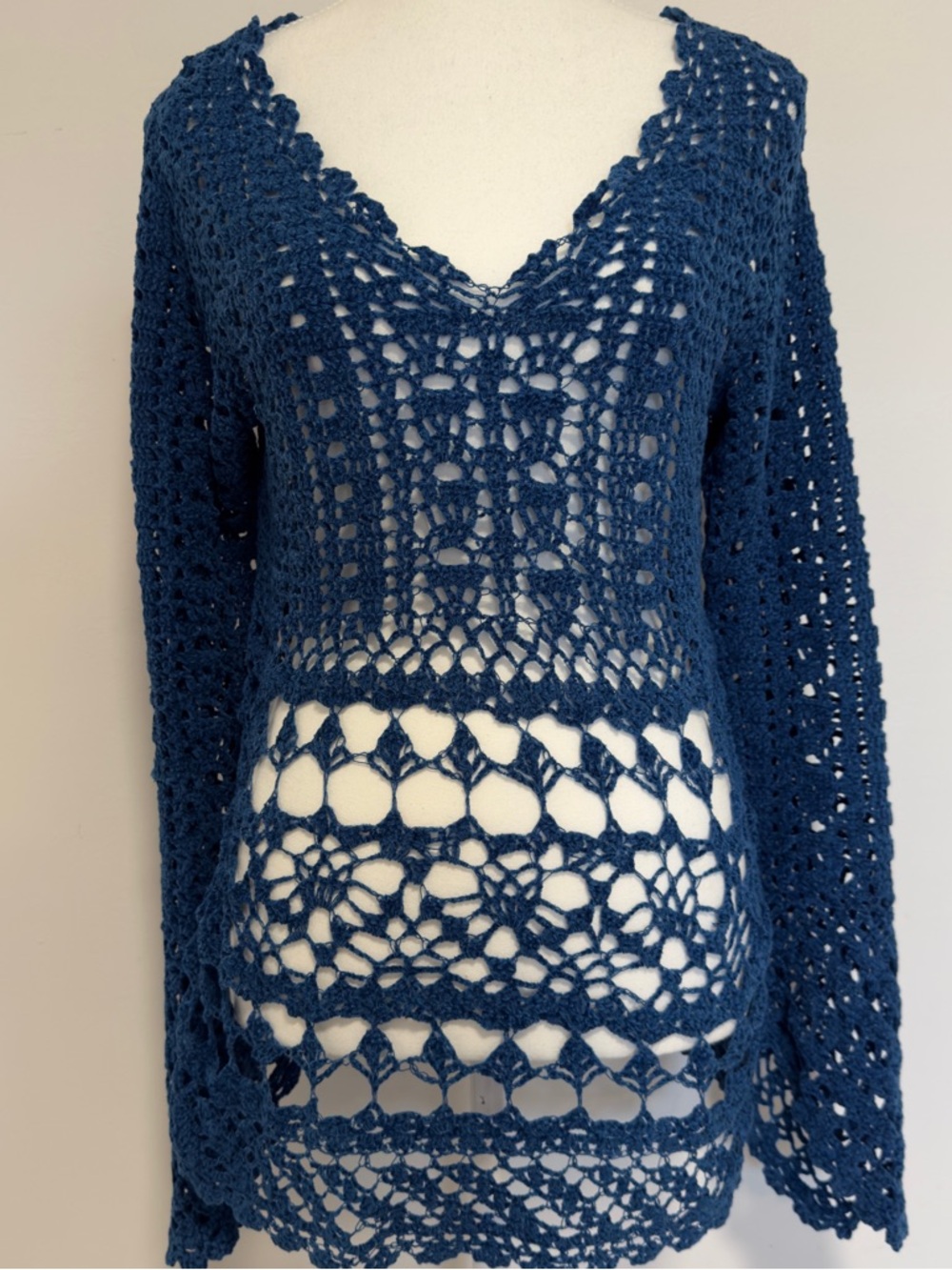 Hand-Crocheted Blue Open Weave Sweater